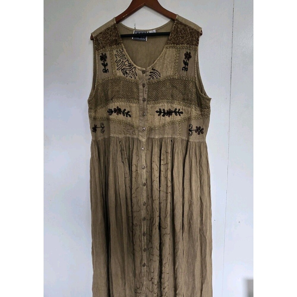 VTG MPH Dress Womens 1X Brown Maxi Boho Cottage Granola Renaissance Peasant